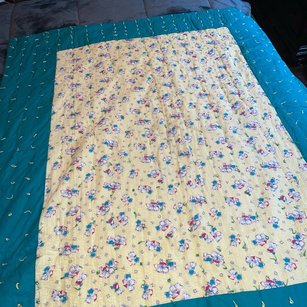 Hand Made Hand Sewn Baby Quilt Gender Neutral Green/Yellow ABC’s Bears 45”x54”